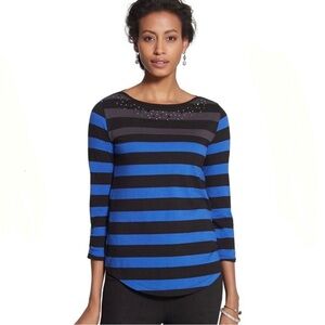Zenergy by Chico's “Holly” Black & Blue 3/4 Sleeve Striped Studded Tee M